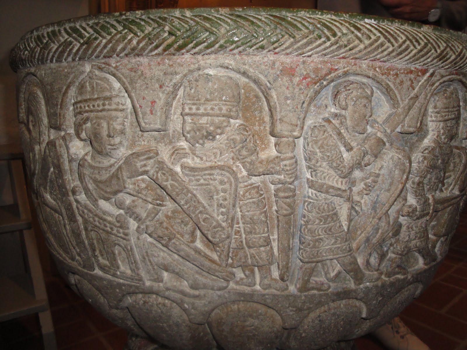 King Henry II of England condemns Thomas Becket, Archbishop of Canterbury. Font, Lyngsjo Church, Scania, southern Sweden, late 12th century