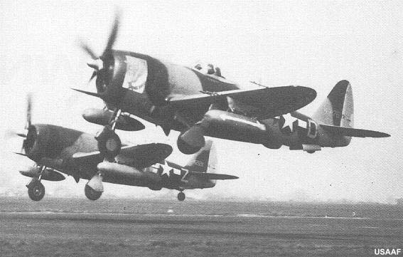 A pair of 56th FG P-47Ms taking off