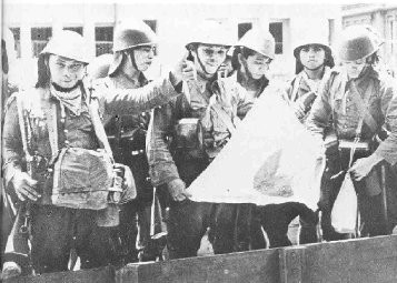 Dutch soldiers with a captured Japanese flag
