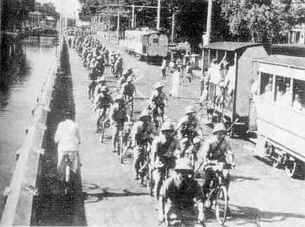 Japanese bicycle troops entering Batavia, March 1942
