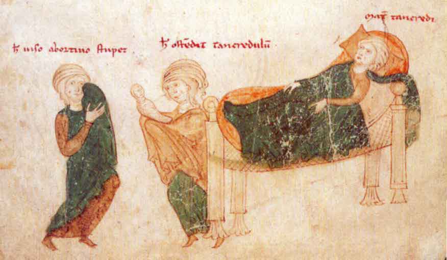 'Birth of Tancred', in Liber ad honorem Augusti by Pietro da Eboli, Sicily c.1197.