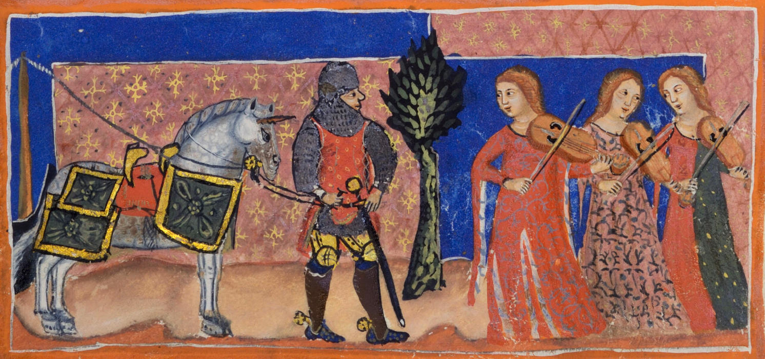 f.45v, 'Huon d'Auvergne', a Franco-Italian Epic Poem, 1341AD. Berlin, Kupferstichkabinett Ms 78 D 8 (was Hamilton 337).