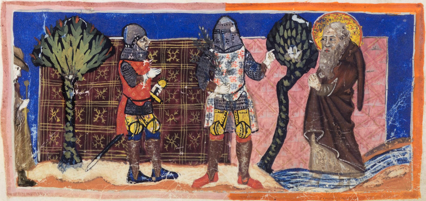 f.63r, 'Huon d'Auvergne', a Franco-Italian Epic Poem, 1341AD. Berlin, Kupferstichkabinett Ms 78 D 8 (was Hamilton 337).