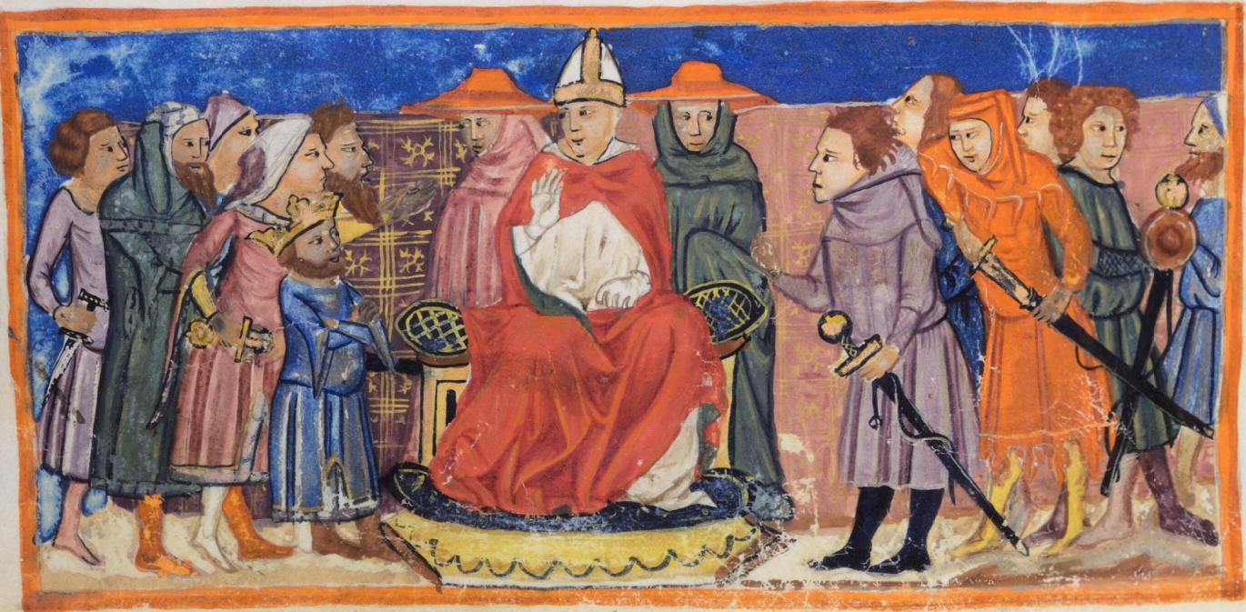 f.82v, 'Huon d'Auvergne', a Franco-Italian Epic Poem, 1341AD. Berlin, Kupferstichkabinett Ms 78 D 8 (was Hamilton 337).