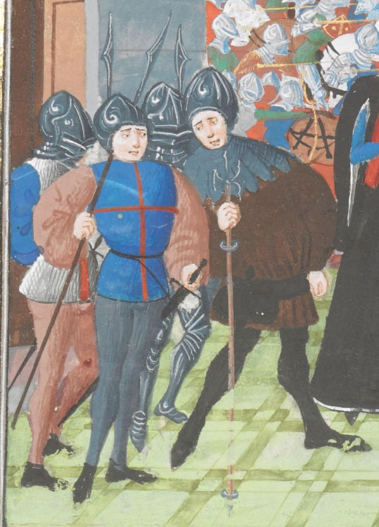 f.184v, Soldiers of 'Richard II resigning his crown'. 'Chroniques' by Jean Froissart, The 'Harley Froissart', Part 2, Southern Netherlands (Bruges), c.1470-1472. British Library Harley MS 4380.