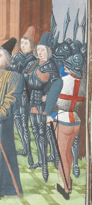 f.184v, Soldiers of 'Richard II resigning his crown'. 'Chroniques' by Jean Froissart, The 'Harley Froissart', Part 2, Southern Netherlands (Bruges), c.1470-1472. British Library Harley MS 4380.